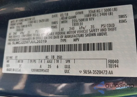 2018 Lincoln Mkc Select из США, поврежденный, VIN 5LMCJ2D97JUL20319